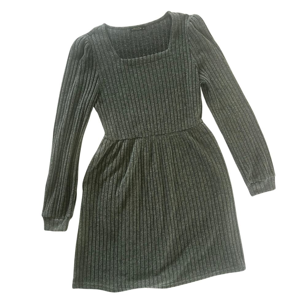 OFEEFAN M Gray Ribbed Knit Sweater Dress Pockets Square Neck Fall Cozy